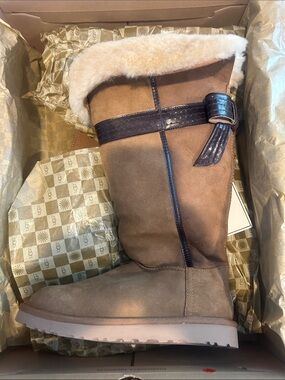 UGG Chestnut Suede Tall Boots with Dark Brown Bow - size 8 ***New w/ tags